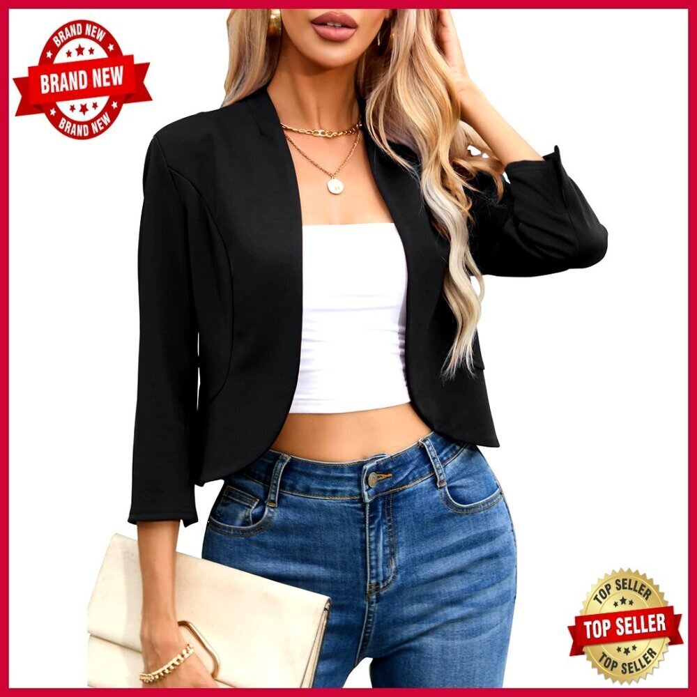 Cropped Blazer 3/4 Sleeve Collarless Open Front Cardigan Slim Fit Jacket
